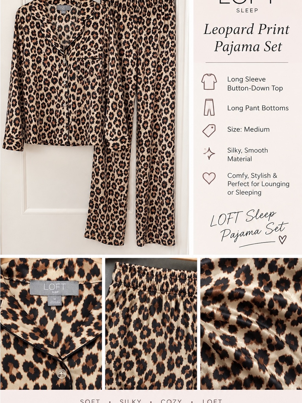 LOFT Sleep Leopard Print Silky Pajama Set – Size M